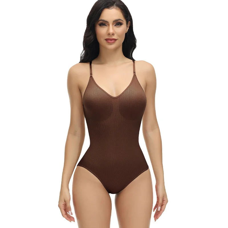 Super promoção Bodysuit com alças finas e decote em V, modelador de corpo com virilha aberta, modelador de corpo emagrecedor, modelador suave