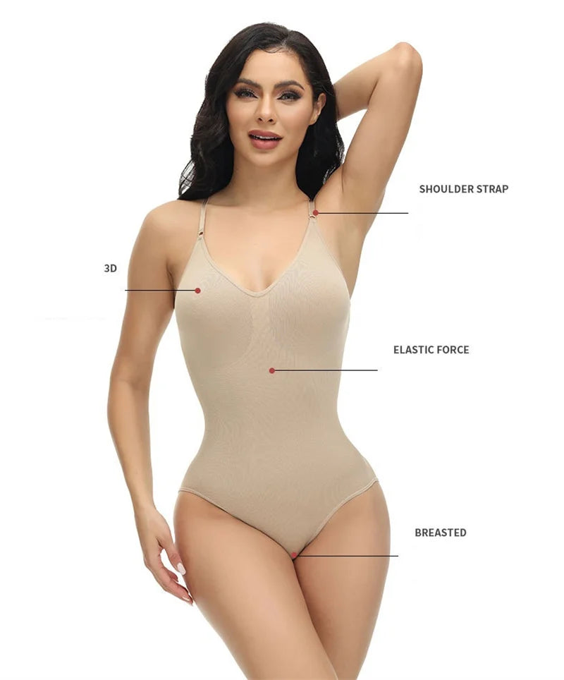 Super promoção Bodysuit com alças finas e decote em V, modelador de corpo com virilha aberta, modelador de corpo emagrecedor, modelador suave