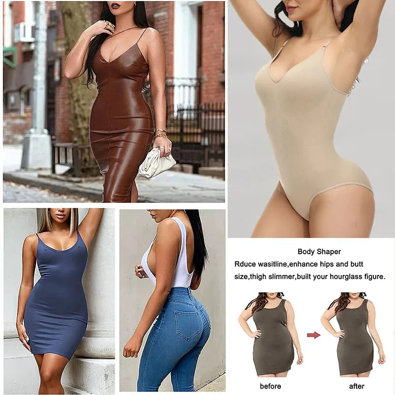 Super promoção Bodysuit com alças finas e decote em V, modelador de corpo com virilha aberta, modelador de corpo emagrecedor, modelador suave