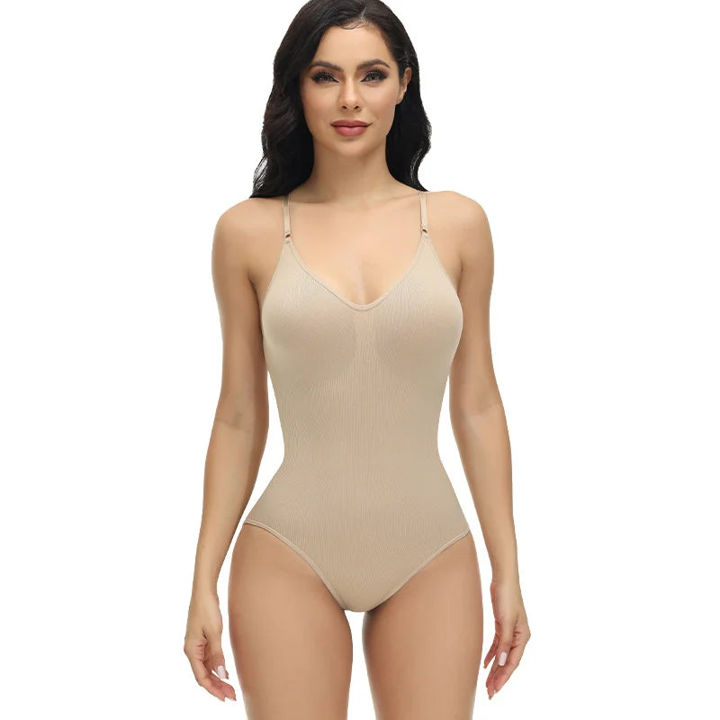 Super promoção Bodysuit com alças finas e decote em V, modelador de corpo com virilha aberta, modelador de corpo emagrecedor, modelador suave