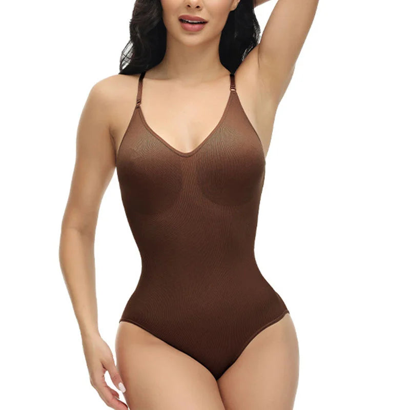 Super promoção Bodysuit com alças finas e decote em V, modelador de corpo com virilha aberta, modelador de corpo emagrecedor, modelador suave