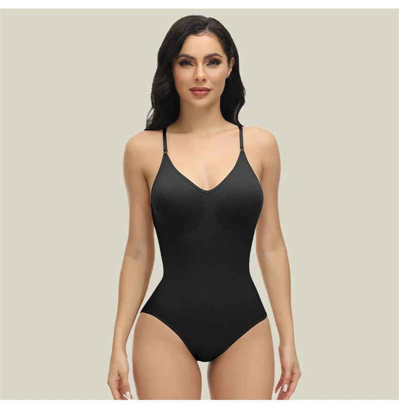 Super promoção Bodysuit com alças finas e decote em V, modelador de corpo com virilha aberta, modelador de corpo emagrecedor, modelador suave