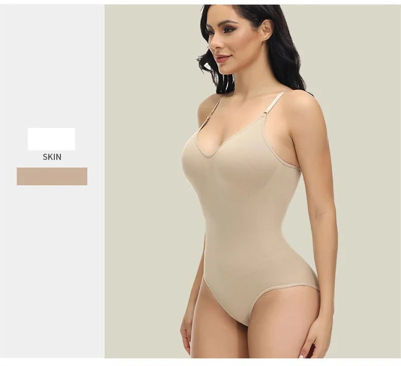Super promoção Bodysuit com alças finas e decote em V, modelador de corpo com virilha aberta, modelador de corpo emagrecedor, modelador suave